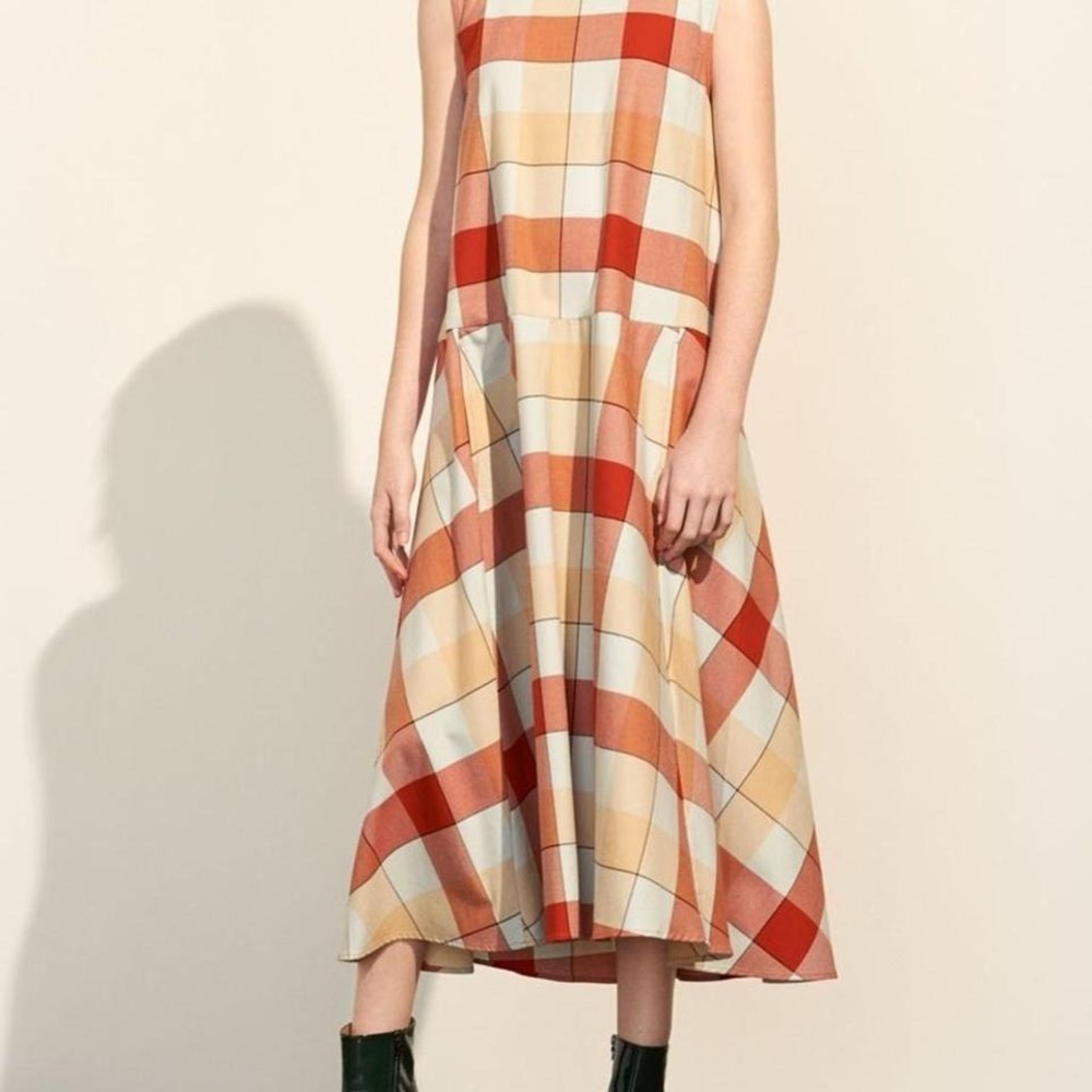 Kowtow Theatre Midi Dress Women's Size XL Plaid Reversible 100% Organic Cotton